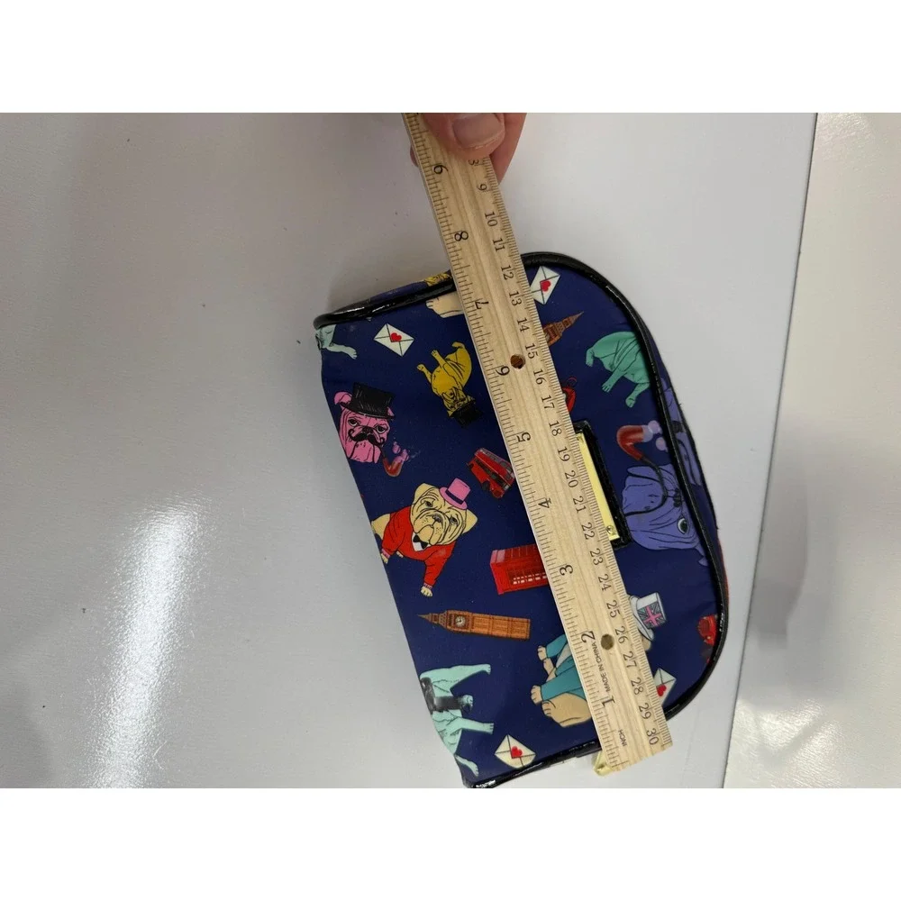 Betsey Johnson London Bulldog Print Cosmetic Bag Navy Blue Makeup Pouch